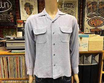 50's Sportsman of Hollywood Atomic blue flap pockets collar loop shirt size medium.