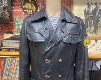 80's German Russian Police black leather peacoat jacket size 50.