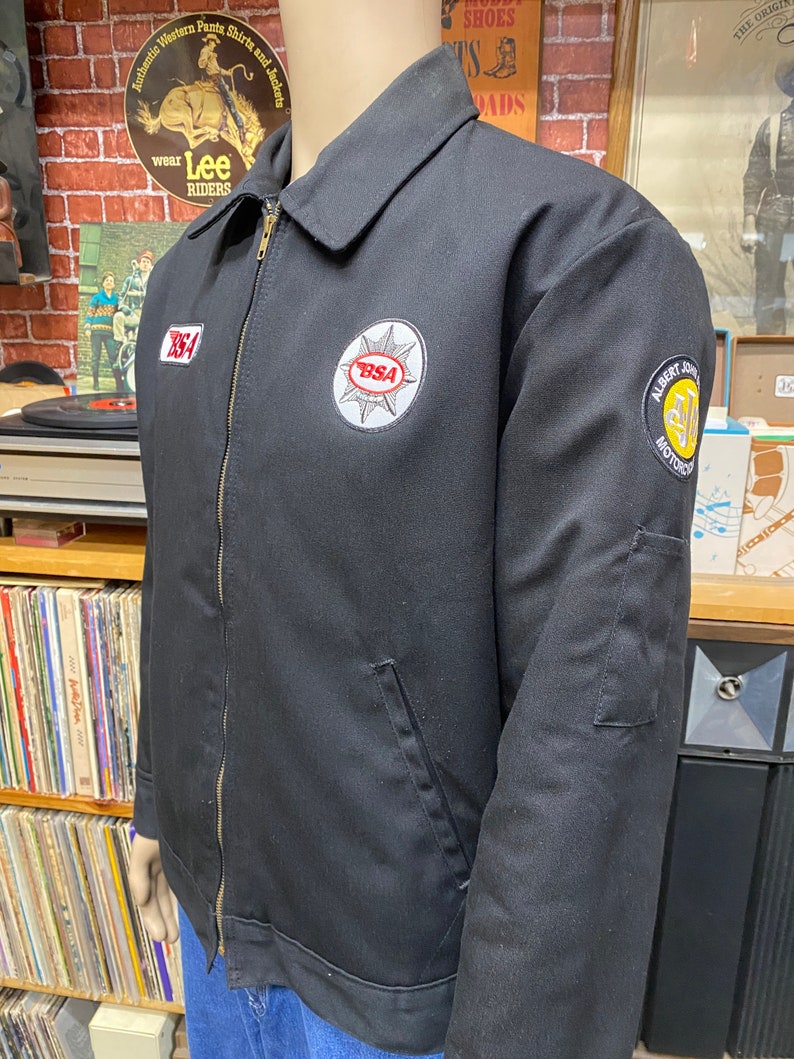 Vtg 90's Dickies Black Jacket With BSA Motorcycles Patches Mechanic ...