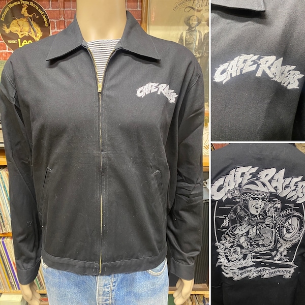 Rocker Cafe Racer 59 Club Hot rodder embroidered mechanic garage gas station black jacket size medium.