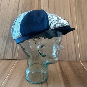 Vtg two tone hickory and denim newsboy blue 8 crown pieces hat size 7 1/4-7 3/8.