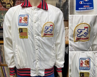 60's 70's Bowling patches white satin jacket size Large made by Champion.