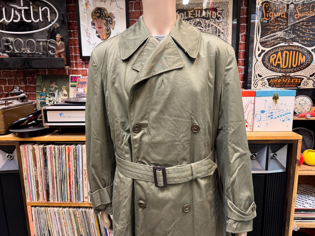 50's U.S. Army Overcoat Field Wool Liner Green Trench Coat Size