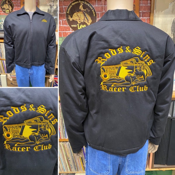 Vtg Rods and Sins Racer Club embroidered mechanic garage gas station jacket size medium.