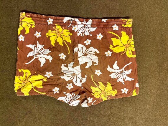 70's swim shorts cotton trunks floral print plaid… - image 7