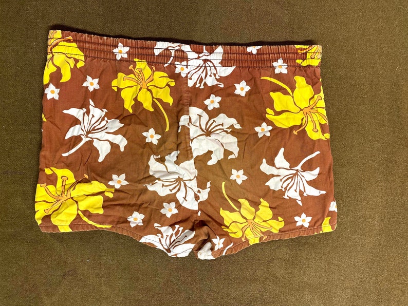 70's swim shorts cotton trunks floral print plaid size large made in Usa. image 7