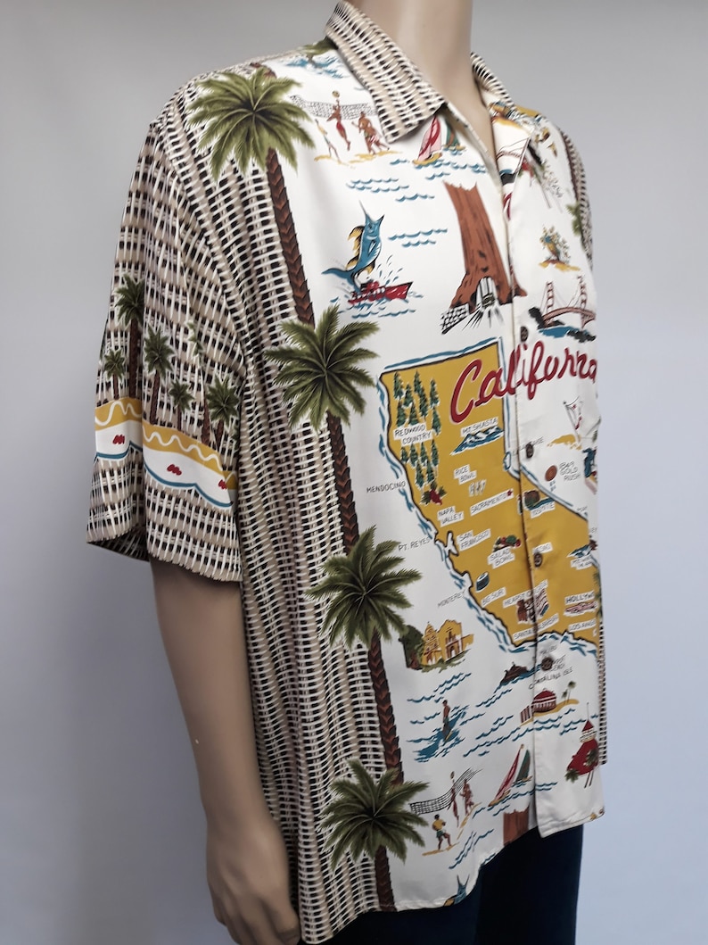 made in Usa. Vintage men/'s hawaiian rayon shirt Reyn Spooner California map souvenir print size xlarge