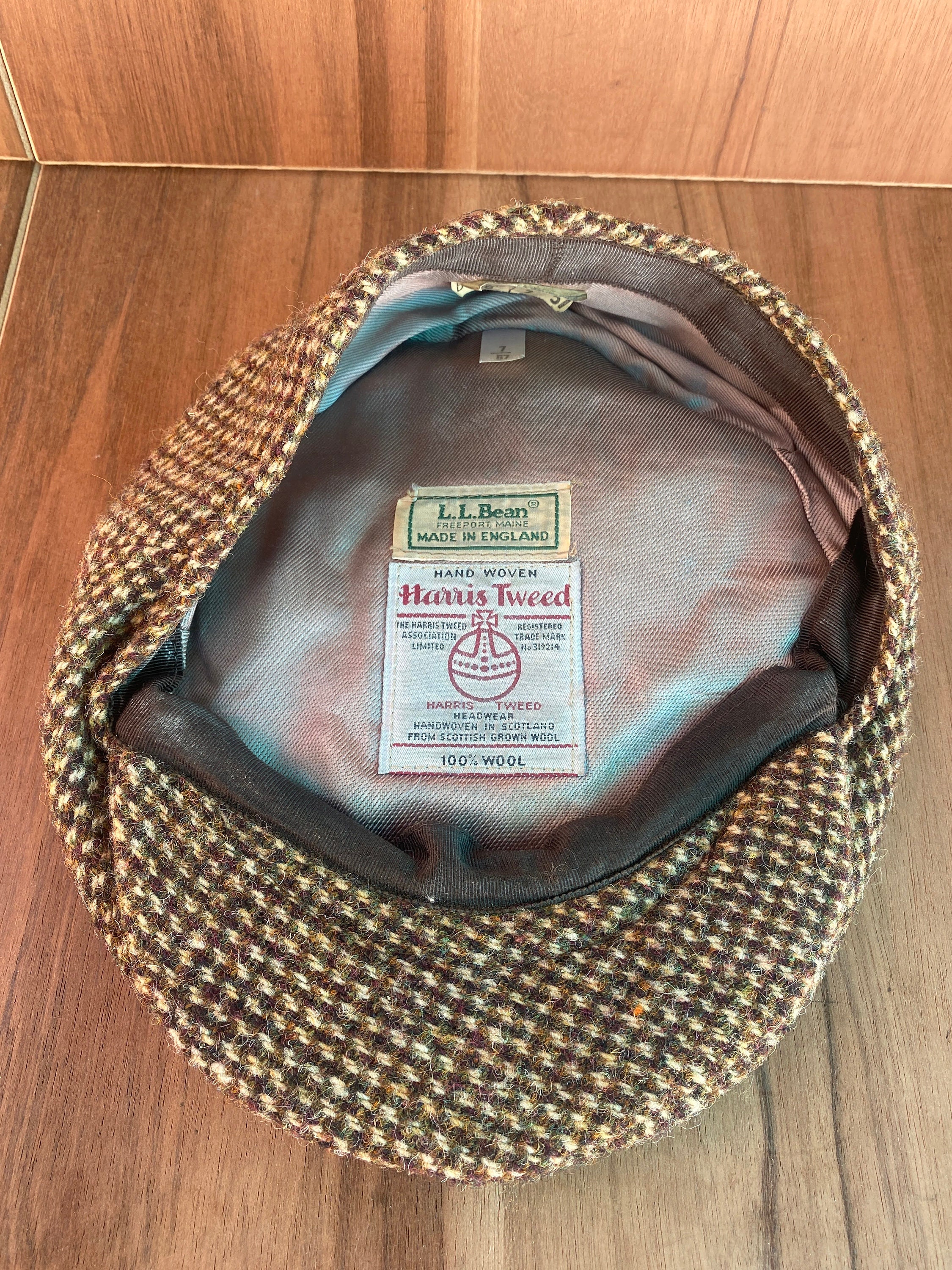 Vtg L.l.bean Harris Tweed Wool Ivy Cap Flat Plaid Hat Size 7 