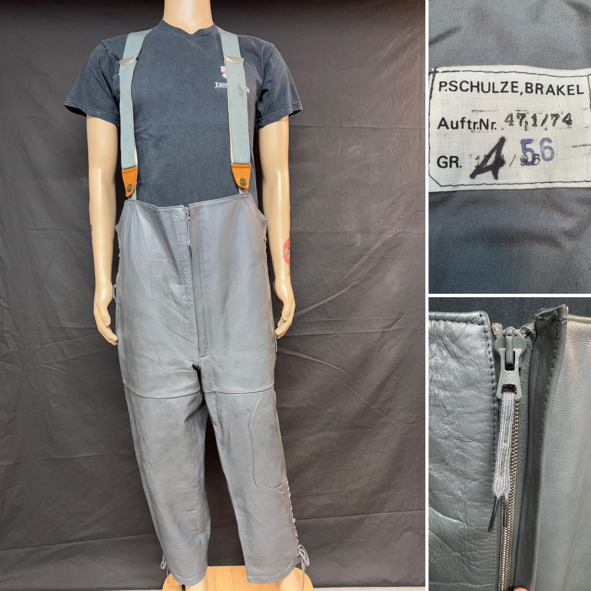 80's German Submarine Gray Leather Pants With Suspenders Size 42