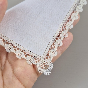 May include: A white handkerchief with a cream-coloured lace border. The square-shaped handkerchief is made of fine, lightweight fabric. The lace trim features an intricate floral design, adding a touch of elegance and a vintage feel.