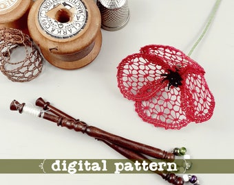 Little Poppy - a bobbin lace PDF pattern. Instant download. 3D lace flower.