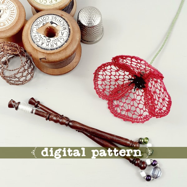 Little Poppy - a bobbin lace PDF pattern. Instant download. 3D lace flower.