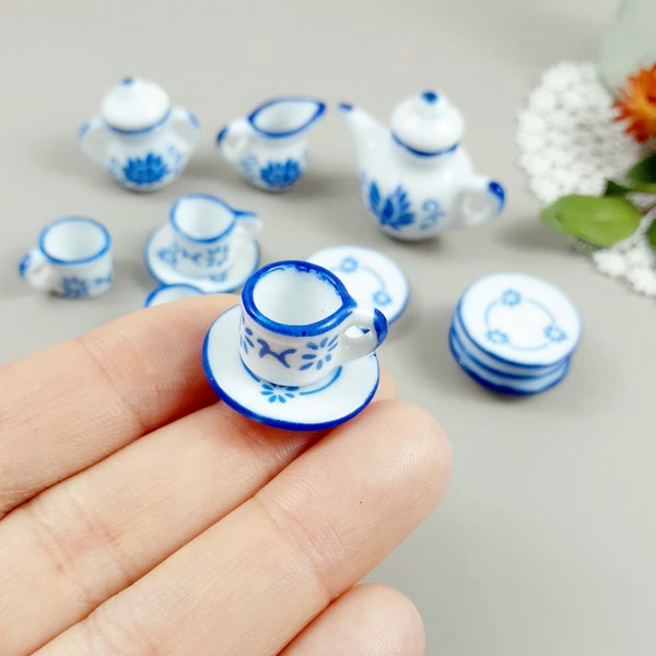 1:12 Scale 17 Piece Tea Set, White with Blue Flowers 2