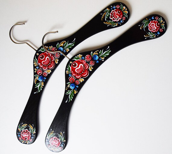 Clothes Hangers Dress Coat Wood Hand Painted Russian Folk Art Set Of 2