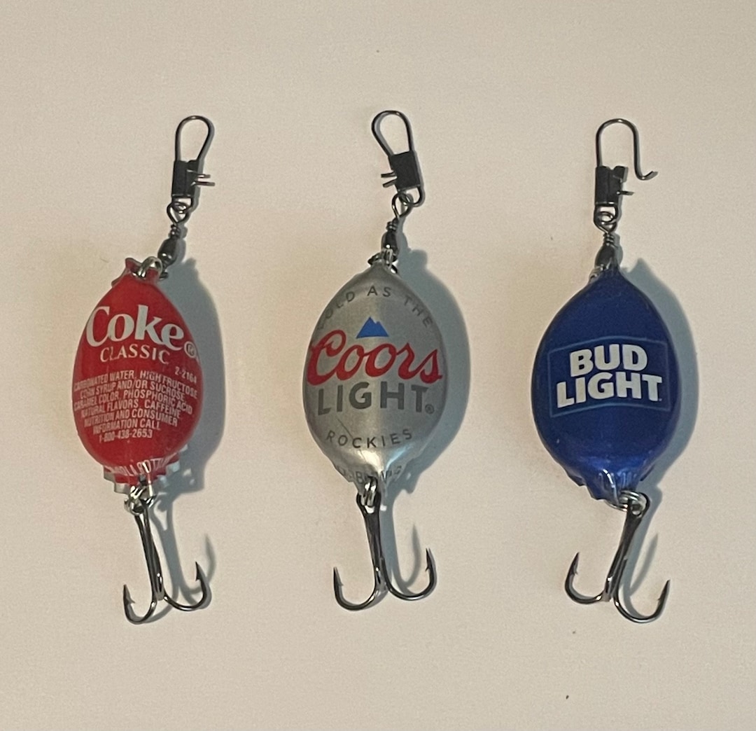 One Bud Light, One Coke, and One Coors Light Bottle Cap Fishing Lures