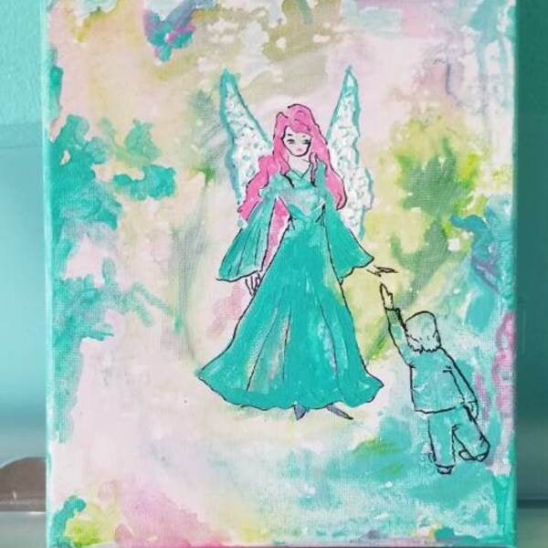 Guardian Angel Painting Small Painting Original Painting on Stretched Canvas Angel With Child Small Angel Art 10" Spiritual Painting