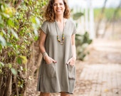 Trapeze Dress, Olive Dress, Women Dress, Short Dress, Mini Dress, Short Sleeve Dress, Loose Style, Dress With Pockets, V Neck Dress, Casual