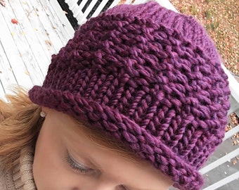 Rolled Brim Woman's Wool Blend Hand Knit Hat