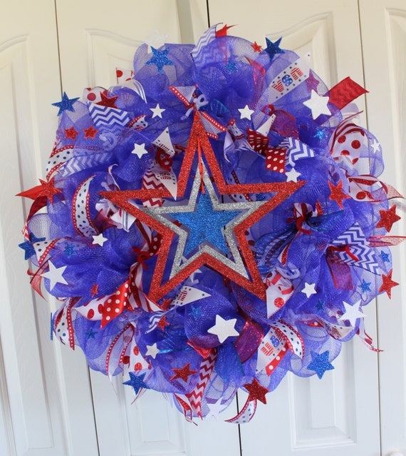 Patriotic 4th Of July Deco Mesh Wreath Red White And Blue Etsy