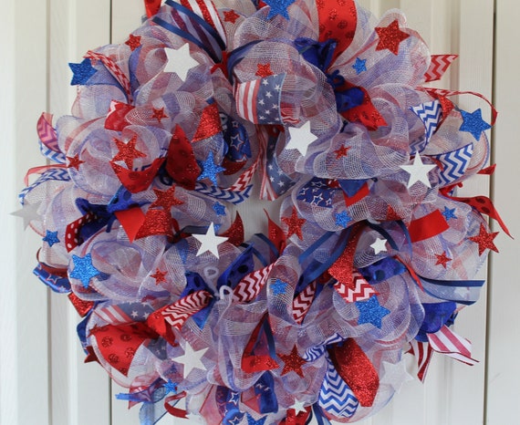 4th Of July Deco Mesh Wreath Red White And Blue Sparkle Etsy