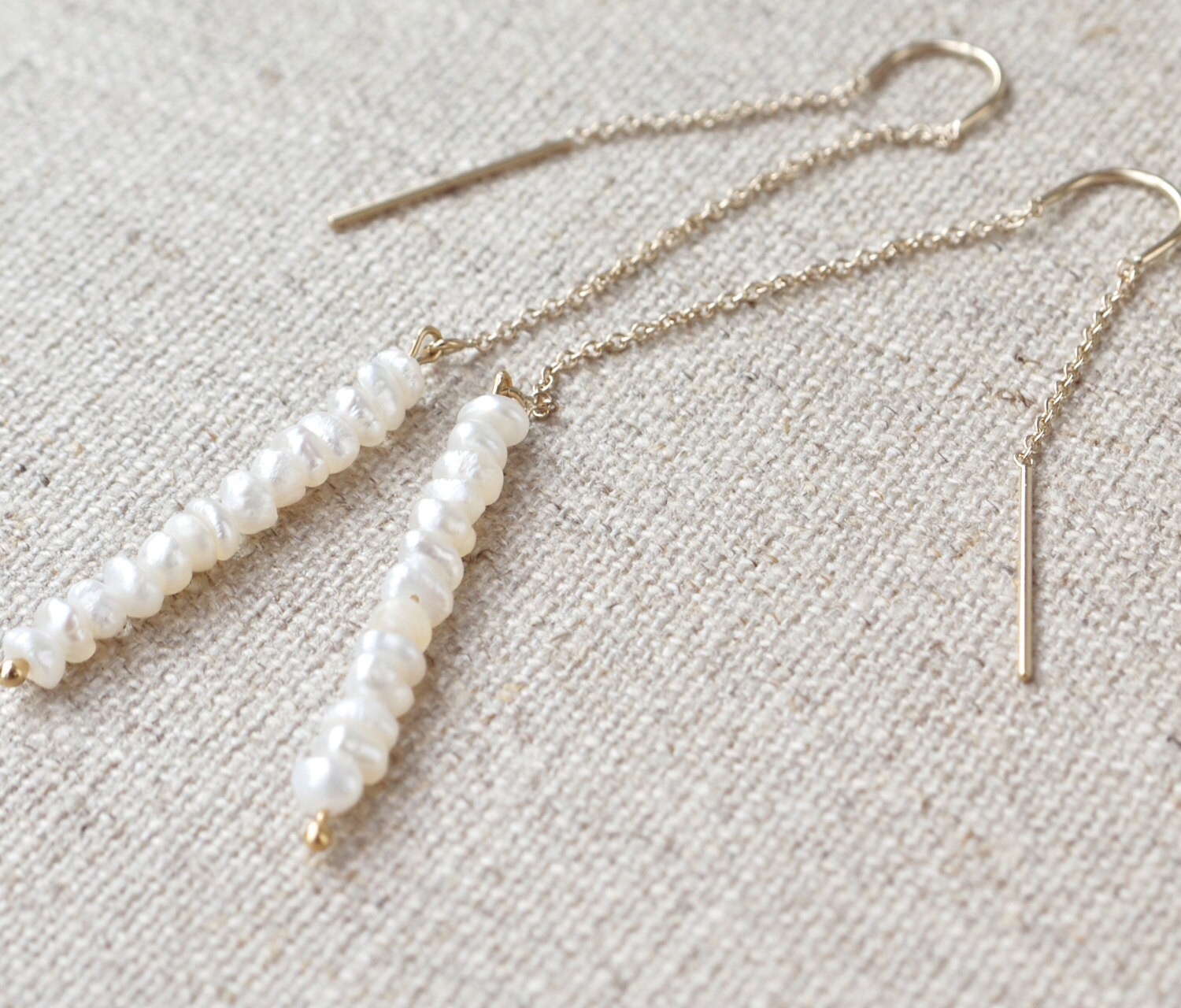 Pearl thread earrings Seed pearl threaders 14k gold Dainty Etsy