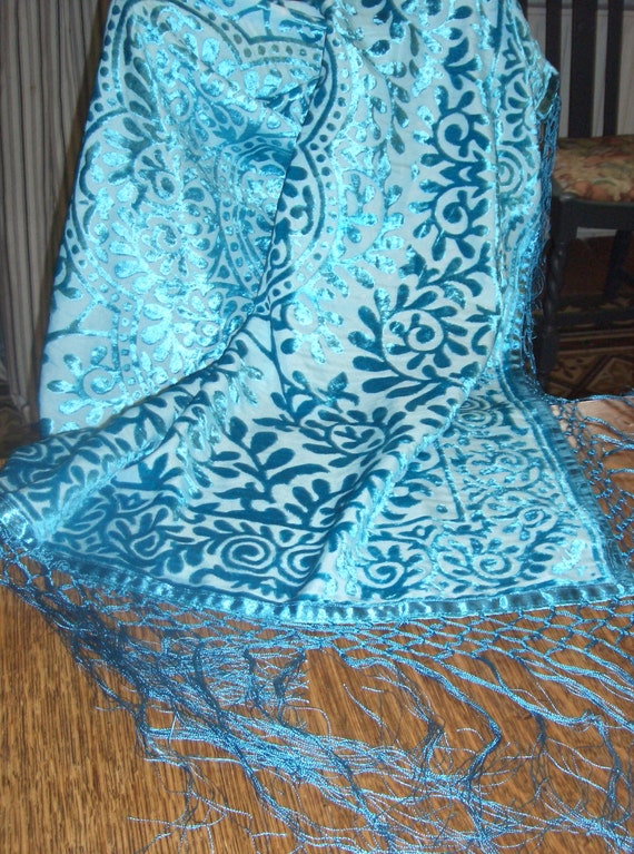 turquoise devore velvet shawl with fringe