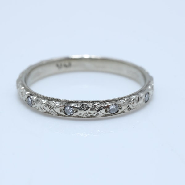 Vintage Art Deco Diamond Wedding Band 14k White Gold size 5.75 Stacking Ring