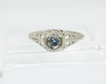 Antique Art Deco Sapphire  Engagement Ring 18K  White Gold size 6.25