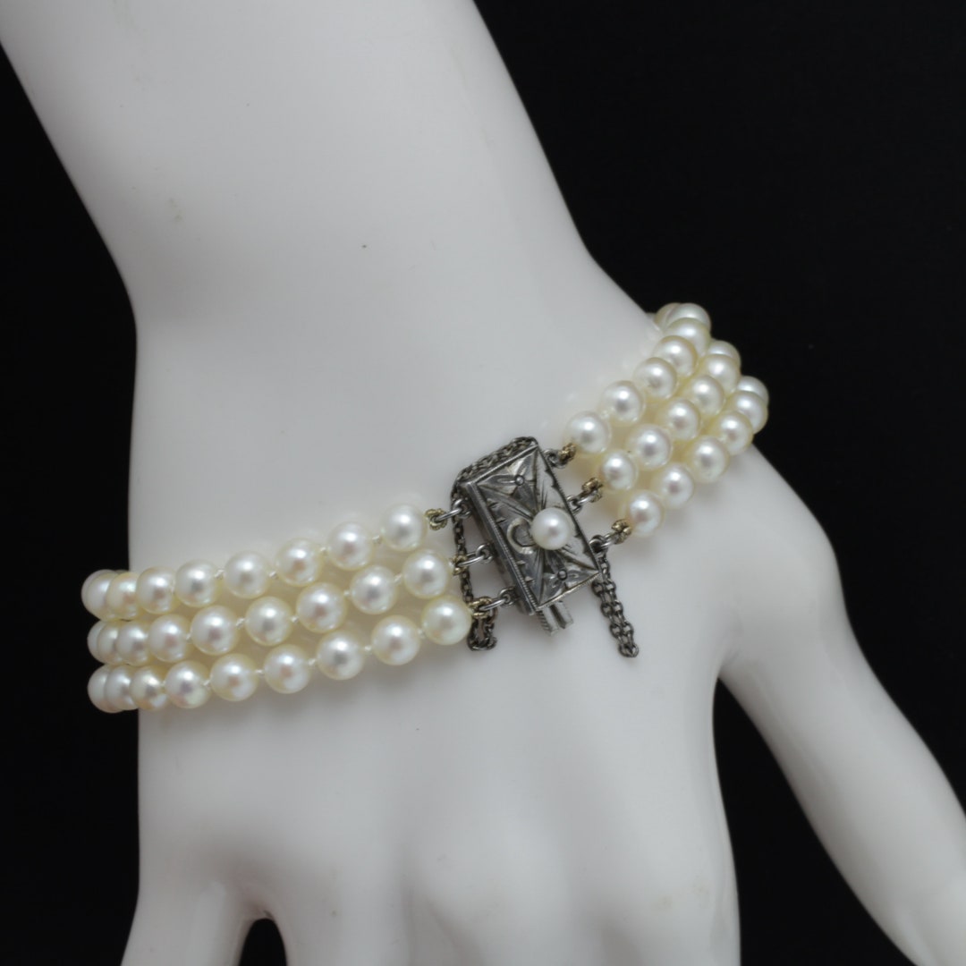 Vintage Mikimoto 3 Strand Pearl Bracelet Sterling Silver 7 Inches 1950s