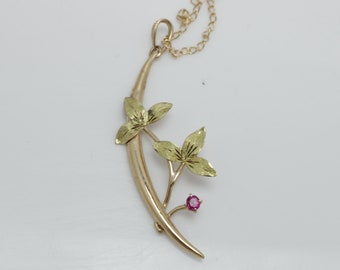 Vintage 14k Yellow Gold Ruby Flower Pendant Necklace
