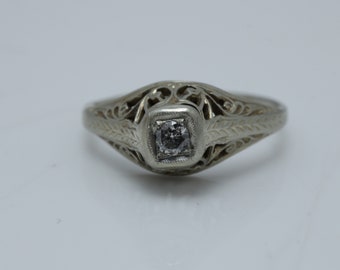 Art Deco Rose Cut Diamond Engagement Ring 18K White Gold   size 6.5