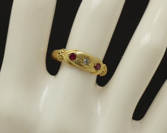 Victorian Ring 18K Rose Gold Rose Cut Diamond Ruby Ring Starburst Ring size 9.75