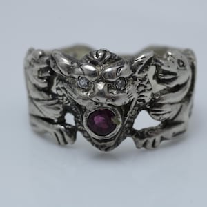 Vintage Sterling Silver Ruby Diamond Griffin Ring - Size 9