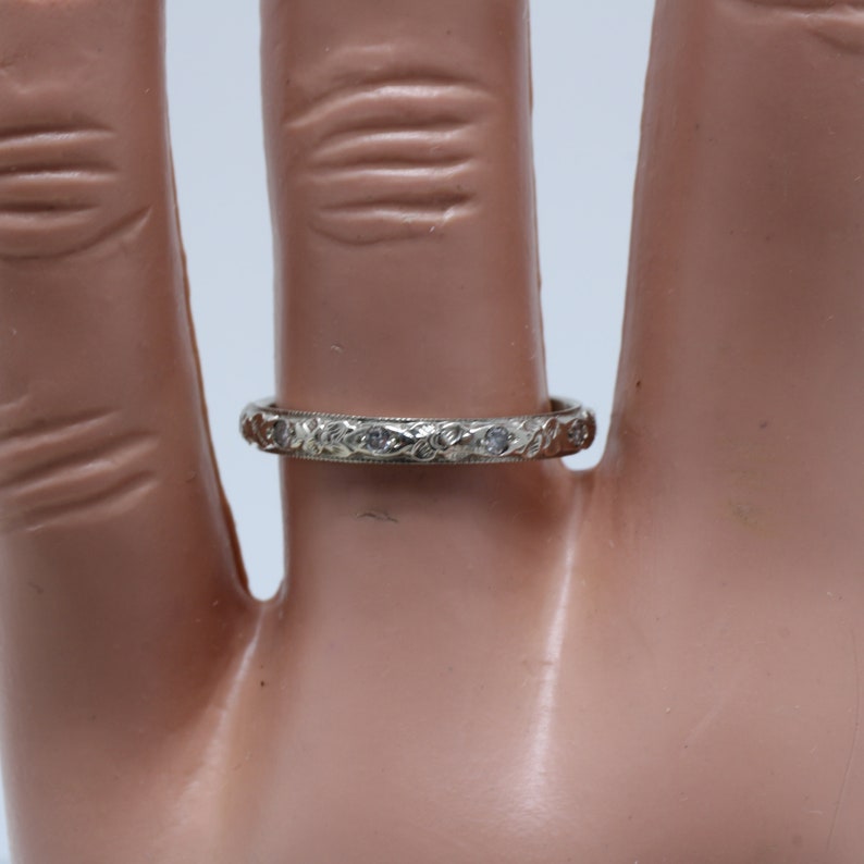 Vintage Art Deco Diamond Wedding Band 14k White Gold size 5.75 Stacking Ring image 5
