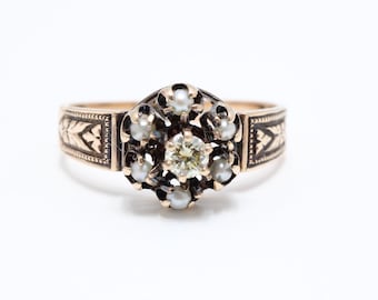Antique Victorian Diamond Seed Pearl Ring Engagement Ring 14K Gold size 8