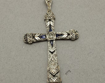 Art Deco Diamond Sapphire Cross Pendant 18k White Gold Top