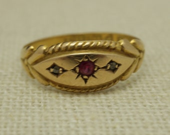 Victorian Ring 18K Rose Gold Rose Cut Diamond Ruby Ring Starburst Ring size 6.75 Pinky Ring