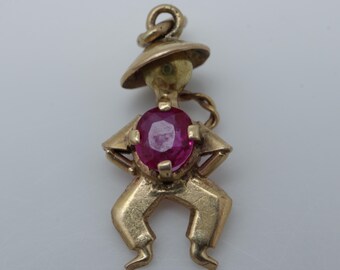 Vintage 18k Charm Pendant Asian Man Pendant Red Topaz