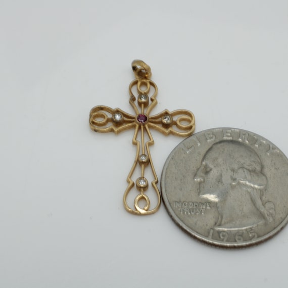 Art Deco Ruby Diamond Cross Pendant 14k Gold - image 4