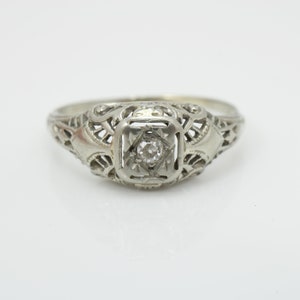 Art Deco Diamond Engagement Ring 18K White Gold Size 7