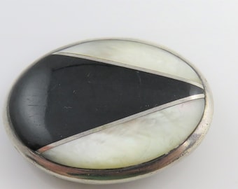 Vintage Sterling Silver Belt Buckle Black Onyx Mother of Pearl by Ken's Jewelry