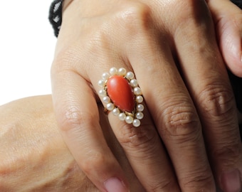 Ming's Hawaii Coral Pearl Ring 14k Yellow Gold Cocktail Ring size 5.75