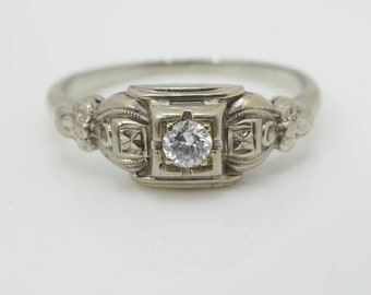 Art Deco Rose Cut Diamond Engagement Ring 18K White Gold Size 7