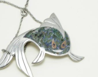 Vintage Mexican Sterling Silver Fish Pendant Necklace 16'' Mixed Metals Metales Fish Brooch