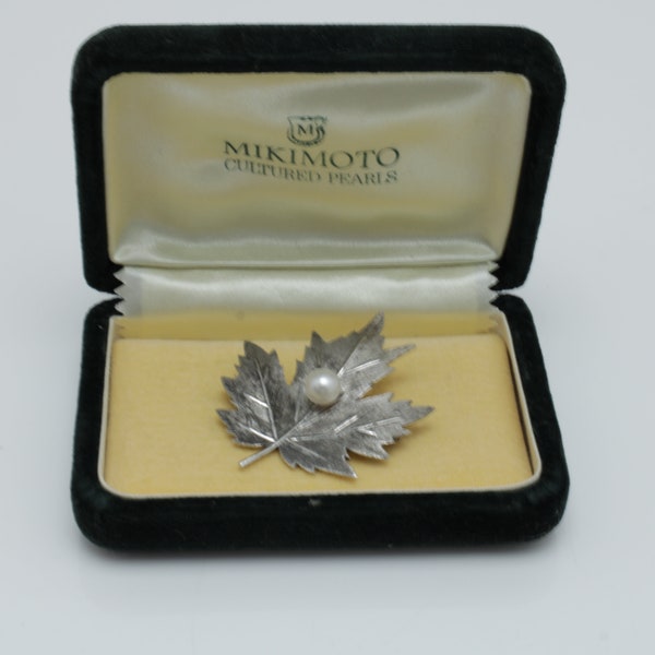 Vintage Mikimoto Pearl Brooch Sterling Silver 1950s Japan Maple Leaf Brooch Pin