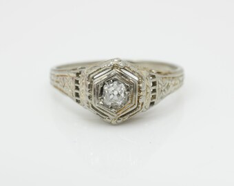 Art Deco Diamond Engagement Ring 18K White Gold Size 5.75