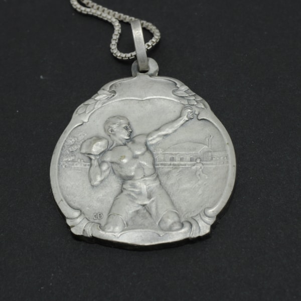 Vintage Sports Medal Stone Throw Sterling Silver Pendant Necklace 20'' long