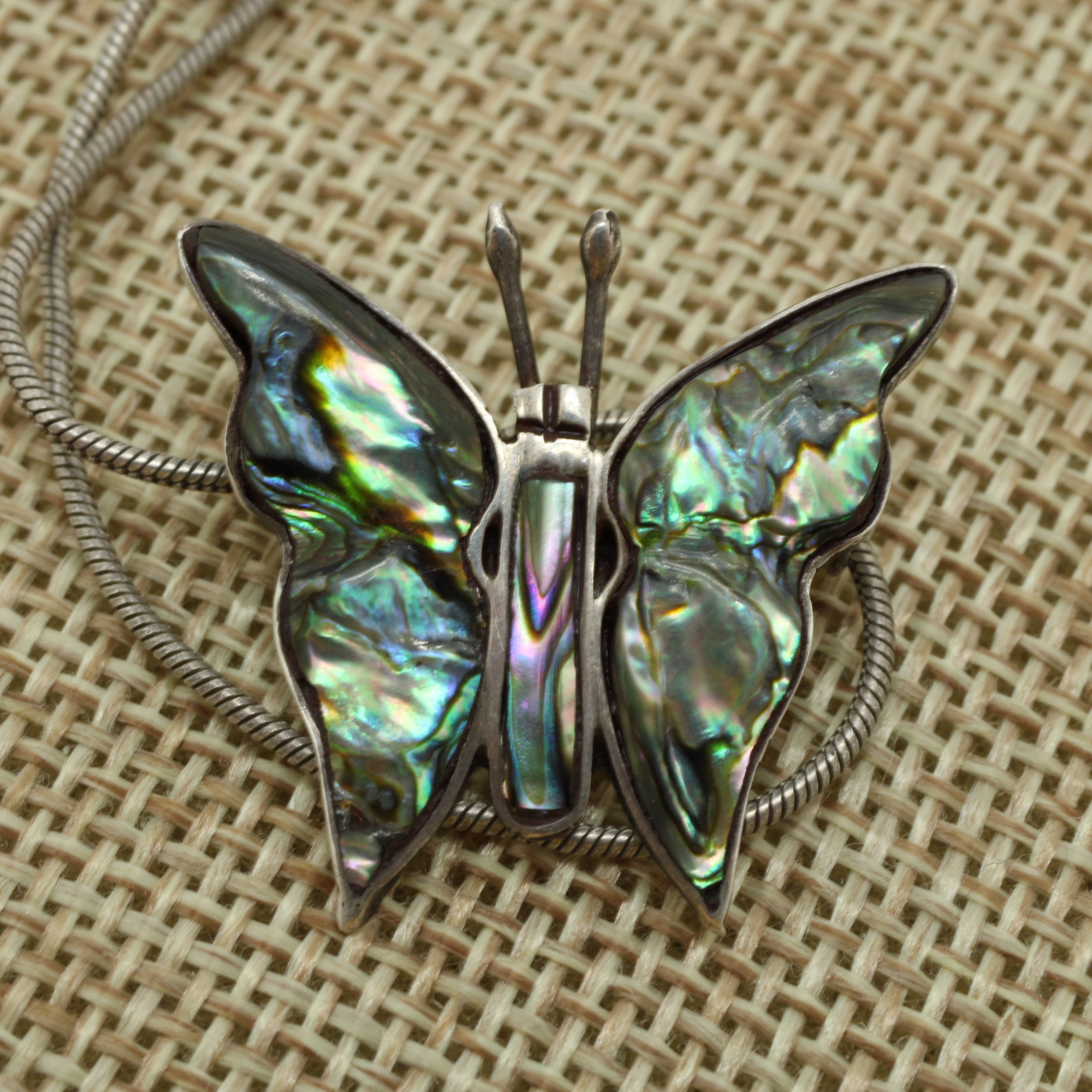 Vintage Taxco Sterling Silver Abalone Shell Butterfly Pendant Necklace 