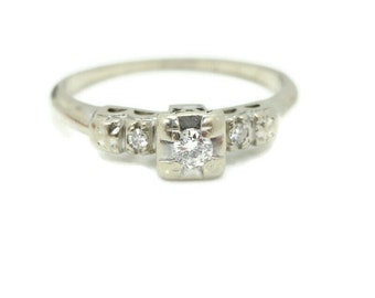 Vintage Euro Cut Diamond Engagement Ring 14K White Gold   size 7