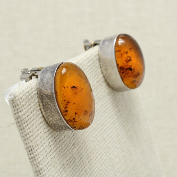 Vintage Mexican Sterling Silver Amber Earrings Cl… - image 2